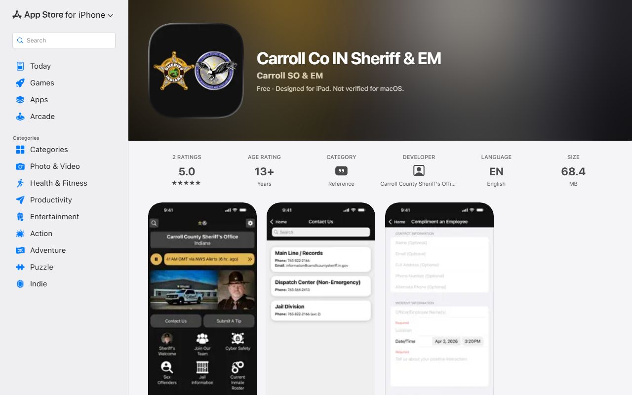 Carroll County inmate search Carroll Co IN Sheriff and EM Apple app listing