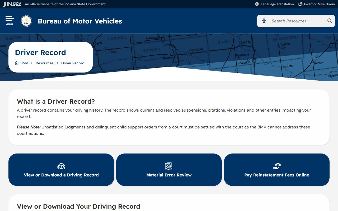 Carroll County traffic court records and Indiana BMV driver record information